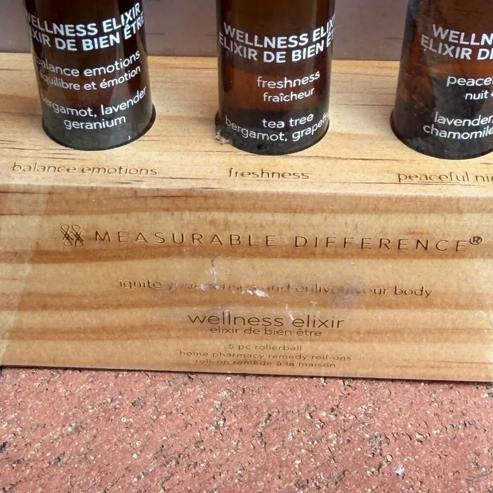 Measurable Difference Wellness Elixir 5pc Wooden Base Rollerball Collection NEW